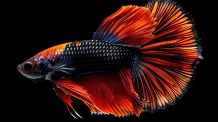 Fototapeta premium Striking Betta Fish with Flowing Fins. Vibrant Colors on Black Background