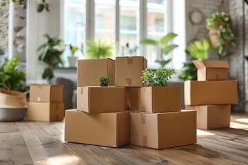 Stacked moving boxes in a bright, green plant-filled room, symbolizing relocation, new beginnings, and organized storage.