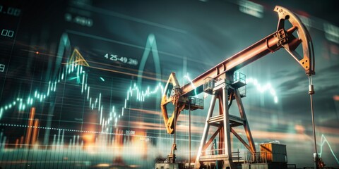 Naklejka premium A large oil rig is shown in front of a graph of stock prices