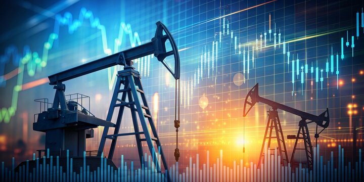 A painting of a pump jack with a graph of oil prices in the background