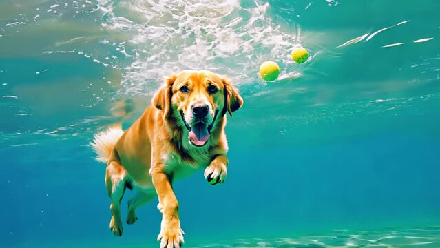 Golden retriever swims underwater, chasing tennis ball with wide grin. Clear blue water surrounds eager dog. Bubbles rise from enthusiastic pursuit. 