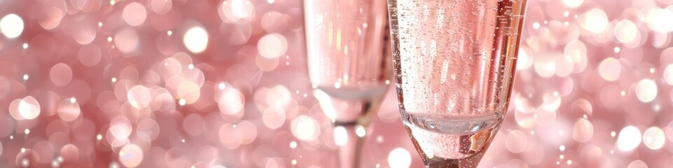 pink champagne glass closeup, bokeh lights background