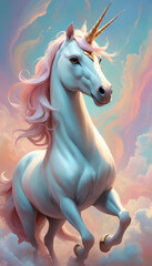 Fantasy Illustration of a wild unicorn Horse. Digital art style wallpaper background in pastel colors.