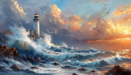 Lighthouse on a rocky shore with waves crashing, Historic, Cool tones, Oil painting