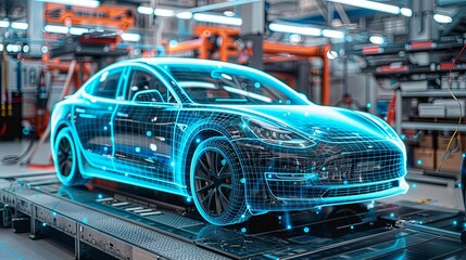 A modern electric car showcased with an illuminated wireframe design, set in a tech-focused workshop, symbolizing the convergence of artistry and technology in automotive design.