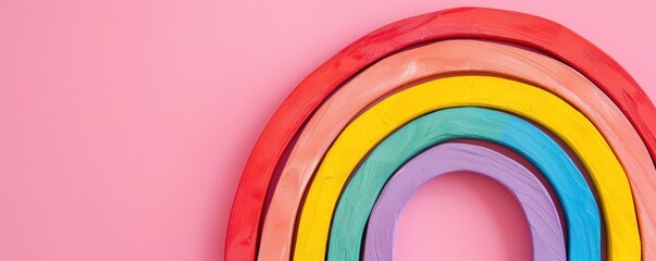 A rainbow made of wooden blocks is on a pink background. Free copy space for text.