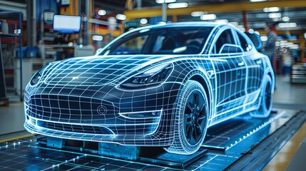 An advanced vehicle is shown with a holographic overlay, demonstrating modern automotive technology and digital design in a state-of-the-art manufacturing setting.