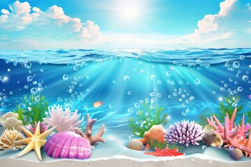 Authentic underwater signage. Swimming pool summer beach celebration invitation leaflet, ocean lake wilderness submerged horizon backdrop