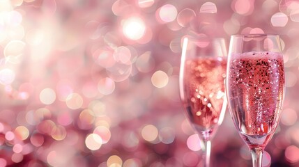 pink champagne glass closeup, bokeh lights background