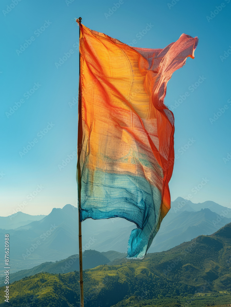 Wall mural colorful flag waving on a mountain with a scenic landscape background.