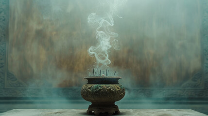 Incense burner with smoke rising in a calm, serene setting.
