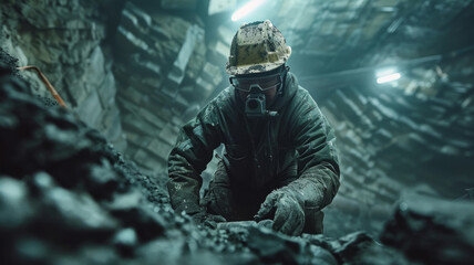 Adult male miner working underground in dimly lit conditions.