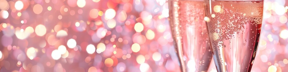 Fototapeta premium pink champagne glass closeup, bokeh lights background