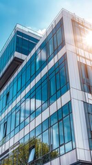 Obraz premium Modern Office Building Exterior Design with Glass Facade in High-Resolution AI-Generated Wallpaper, Showcasing the Architectural Brilliance and Contemporary Construction