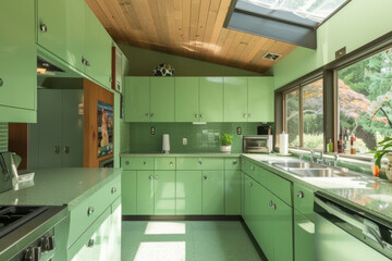 Mid-Century Modern Kitchen with Green Cabinets