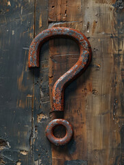 Rusty question mark on a weathered wooden background.