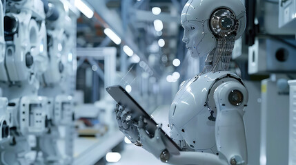 Advanced robot using tablet in high-tech manufacturing facility generated with AI