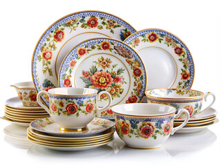 Fototapeta premium set of vintage tableware with flower and porcelain plates isolated on white background.