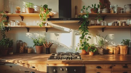 Cozy home kitchen interior with washbasin and stove