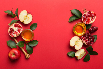 Flat lay composition with symbols jewish Rosh Hashanah holiday attributes on colored background, Rosh hashanah concept. New Year holiday Traditional. Top view with copy space