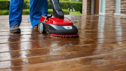 Man cleaning the terrace wooden floor with high pressure cleaner