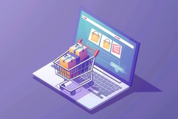 shopping cart loaded with boxes on a laptop portraying online shopping