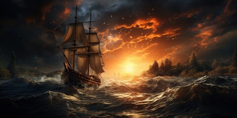 Fototapeta premium Sailing Through the Stormy Sunset