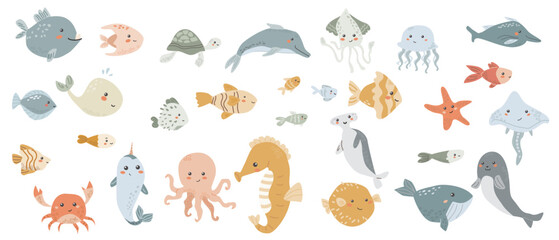Cute childrens sea animals set. Marine underwater elements collection. Ocean inhabitants set of dolphin, whale and other cute characters. Wild aquatic creatures in childish naive hand drawn style.