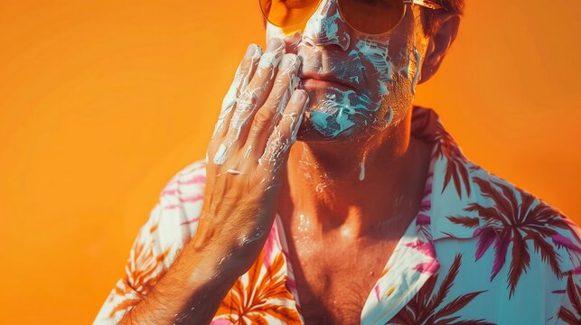  a Man upper body wearing a hawaii shirt applying sunscreen
