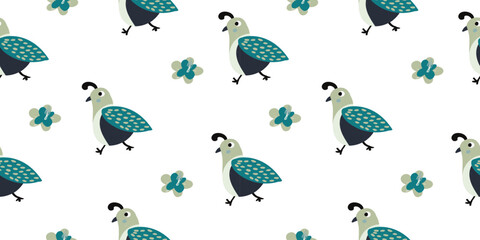 Cute quail seamless pattern. bird cartoon character. flat vector illustration. Template for Notebook covers, pattern for wallpapers, textile or nature background. childish motifs
