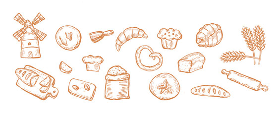 Bread collection in retro style. Sketch of wheat, bun, croissant, flour, mill and other icons. Rural elements of harvest, bakery shop.