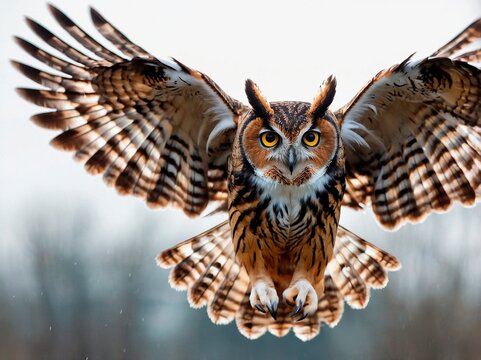 Beautiful photo of a great horned owl flying with wings open wide. Stunning wildlife hunting bird of prey photography illustration. Bubo virginianus.