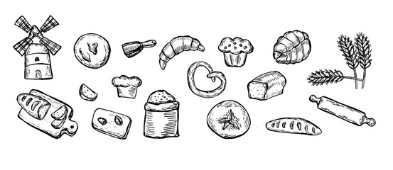 Fototapeta premium Bread collection in retro style. Sketch of wheat, bun, croissant, flour, mill and other icons. Rural elements of harvest, bakery shop.
