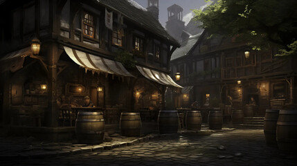 tavern, exterior, city, fantasy, town, illustration  Fantasy RPG character 