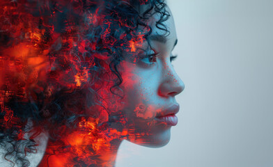 a portrait of a young woman with dark curly hair. Half of her face is covered in red and orange flames, while the other half is covered in ice and snow. 