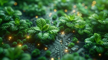 a circuit board that is covered in green plants. The plants are growing in the spaces between the electronic components. 