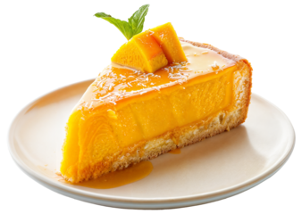 Exquisite Mango Cheesecake Slice on Plate – Creamy Tropical Dessert with Fresh Mango Topping and Mint Garnish