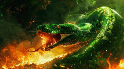 green python surrounded by flames in a jungle setting, intense danger and vibrant detail 3d illustration