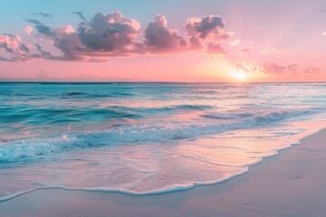 Fototapeta premium A beautiful beach with a pink and blue sky and a calm ocean