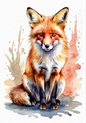 Obraz premium The painting depicts a fox in vibrant watercolors, with its fur rendered in warm hues. The fox's expressive eyes gaze from the canvas, encircled by whimsical bursts of color. Generated by AI. 