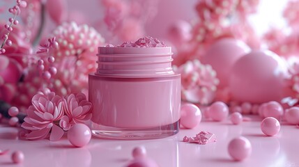 A 3D rendering of a pink cosmetic cream jar with a pink flower-shaped lid. The jar is sitting on a pink surface surrounded by pink flowers and pink balls. The background is a soft pink color.