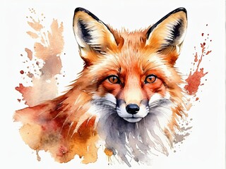 Obraz premium The painting depicts a fox in vibrant watercolors, with its fur rendered in warm hues. The fox's expressive eyes gaze from the canvas, encircled by whimsical bursts of color. Generated by AI. 