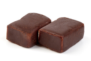 Cheesecake candy bar with chocolate glaze, chocolate curd cheese, isolated on white background.