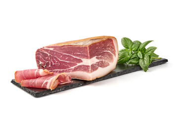 Delicious Serrano ham, cured jamon iberico, isolated on white background.