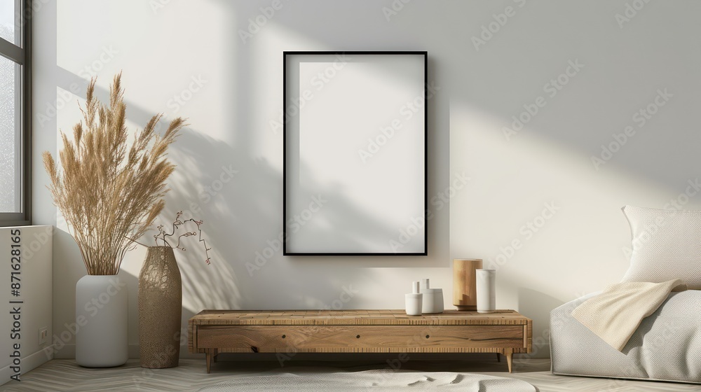 Wall mural Blank picture frame mockup in minimalistic modern interior. Vertical template mock up for artwork, painting, photo or poster in interior design