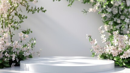 Elegant Floral Podium with Soft Spring Flowers in Sunlight