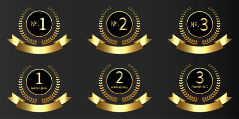 Vector Set of Gold award, laurel wreaths, Ranking, Medal, Crown and Ribbon. VIP. Luxury Golden labels.	