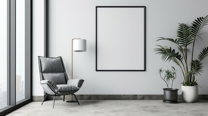 Blank picture frame mockup in minimalistic modern interior. Vertical template mock up for artwork, painting, photo or poster in interior design