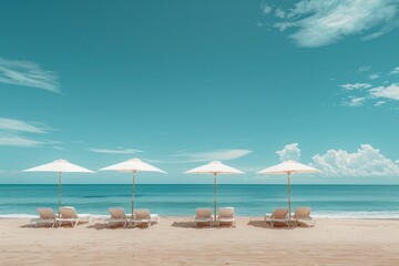 Fototapeta premium A beach scene with four white umbrellas and four white beach chairs
