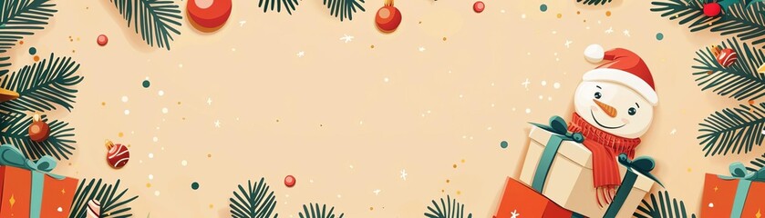 Christmas background with snowman and gifts.